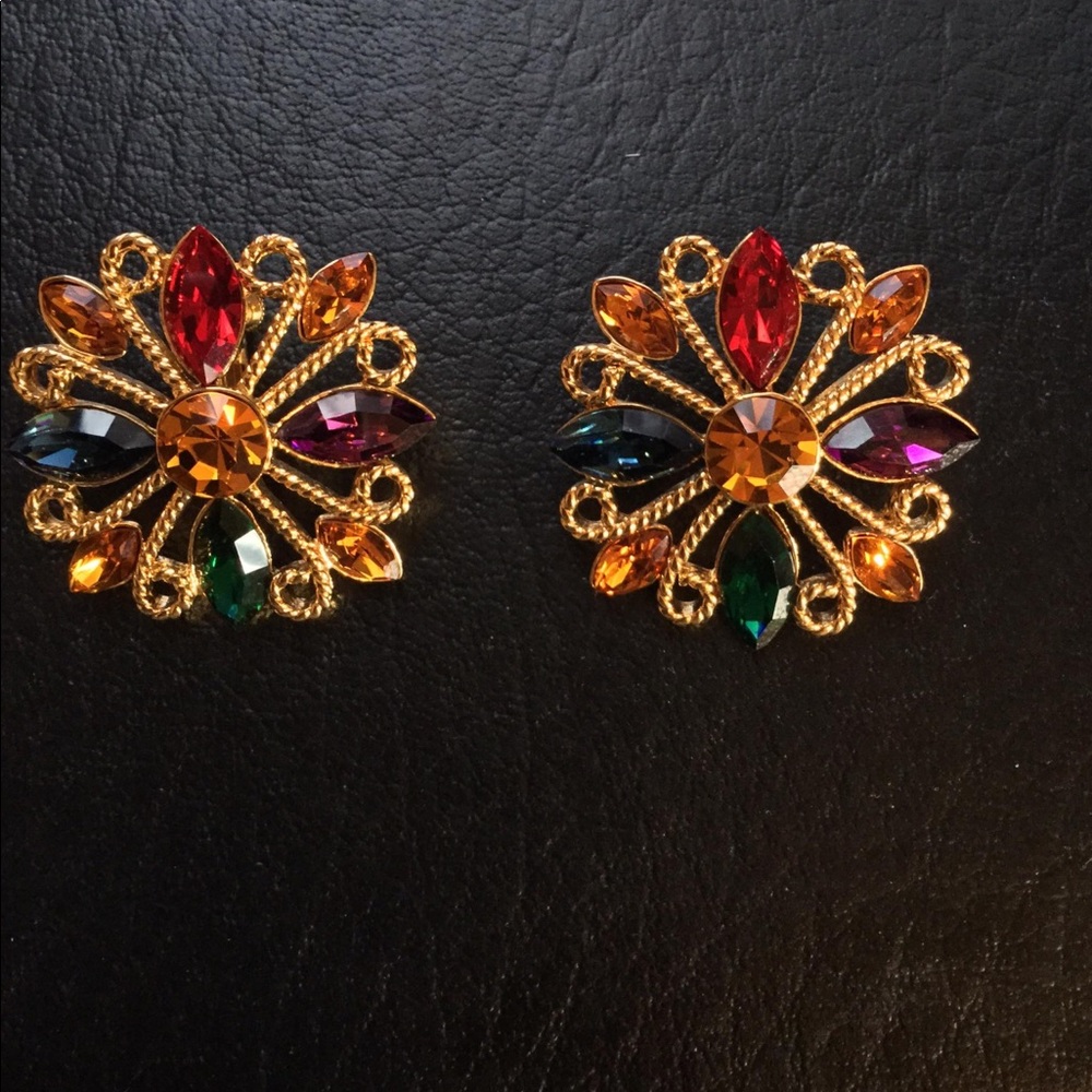 Vintage Napier Gold Tone  Jeweled Hinged  Earrings